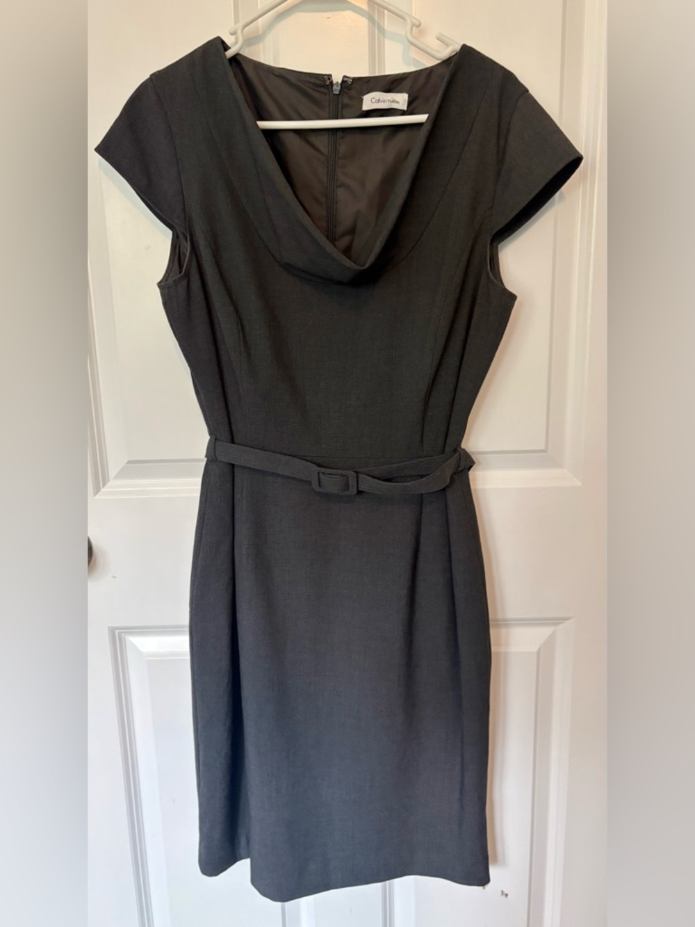 Calvin Klein Charcoal Grey Belted Cowl Neck Sheath Dress- professional wear